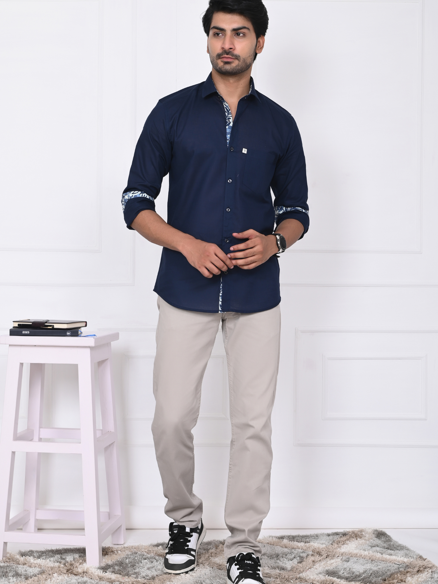 Navy Blue Linen Blend Shirt