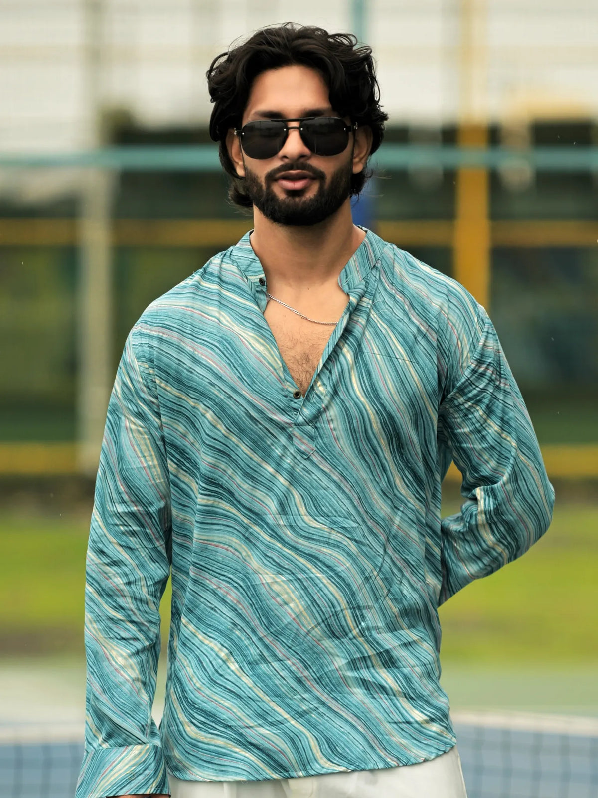 HUESFAB Aqua Blue Wave Short Kurta