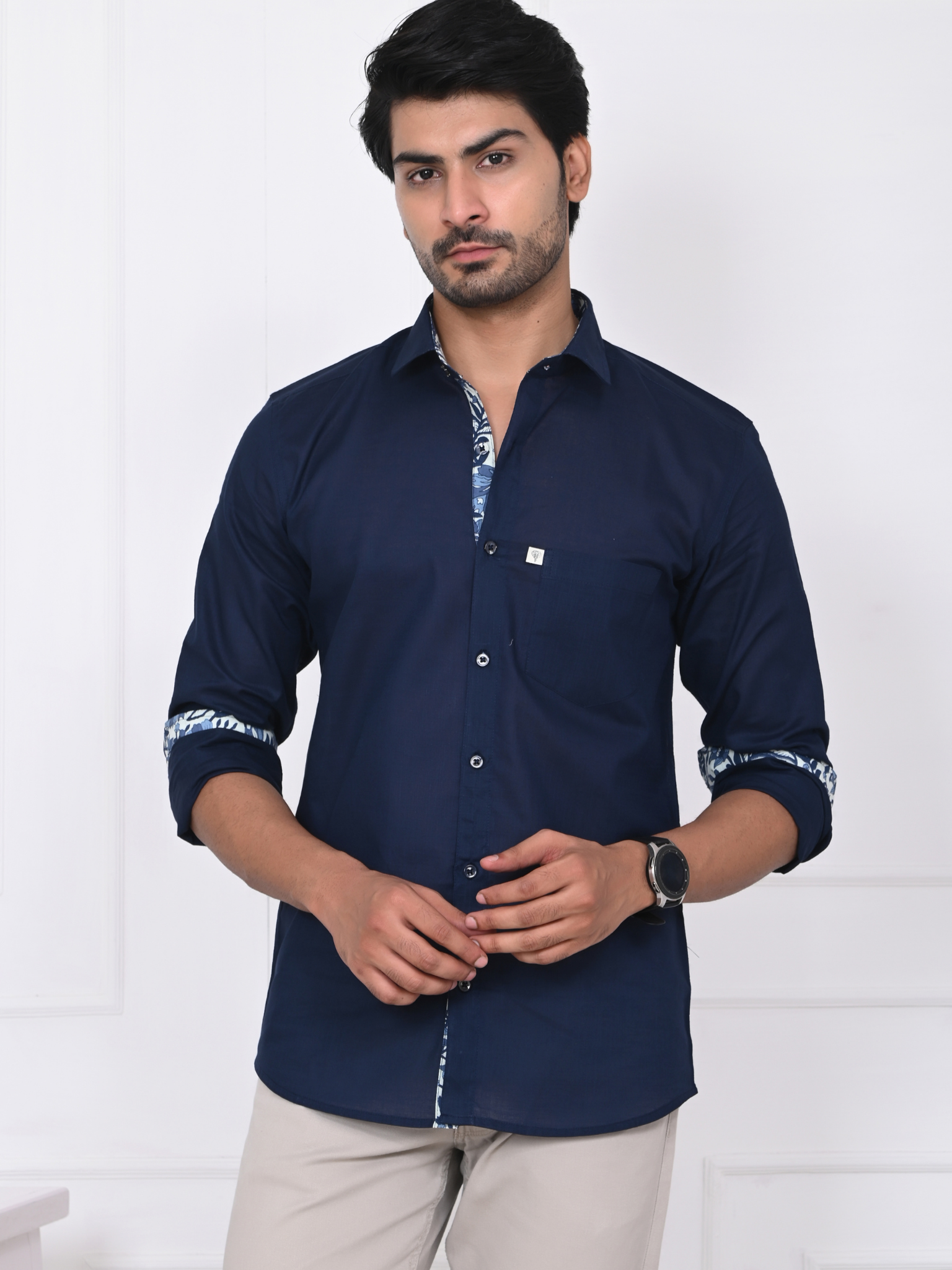 Navy Blue Linen Blend Shirt