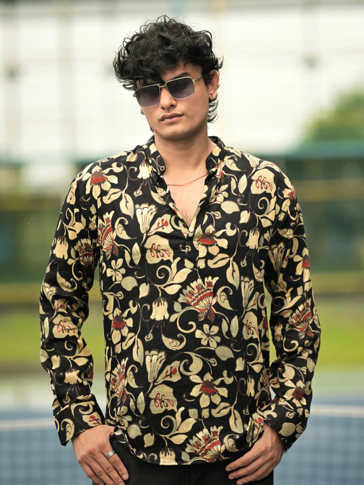 HUESFAB Black Bloom Print Short Kurta