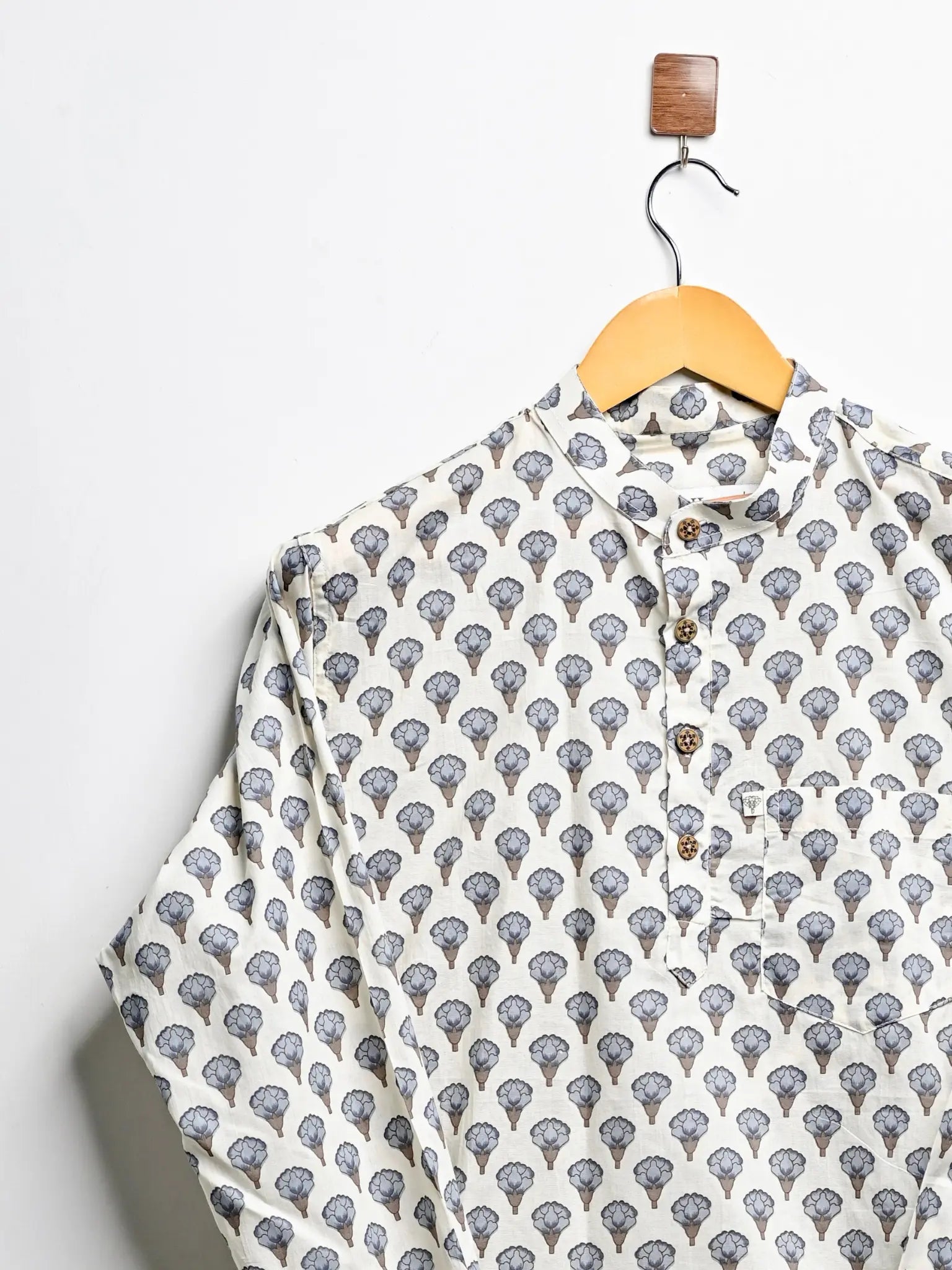 cream blue motif short kurta