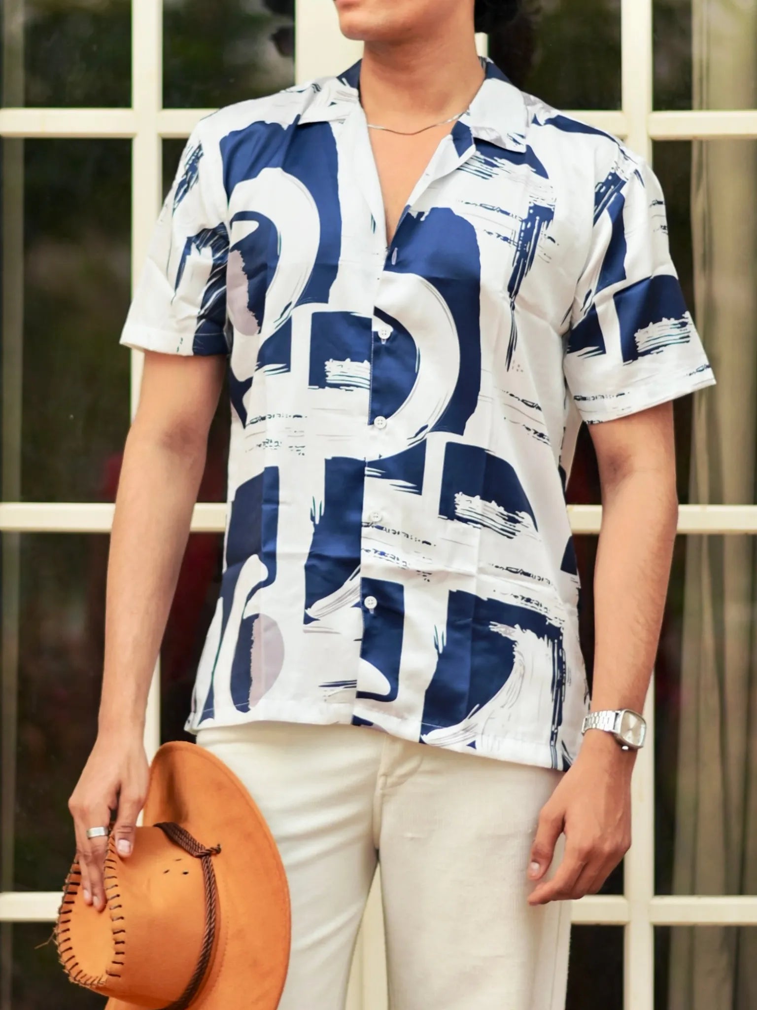 White – Blue Abstract Cuban Collar Resort Shirt