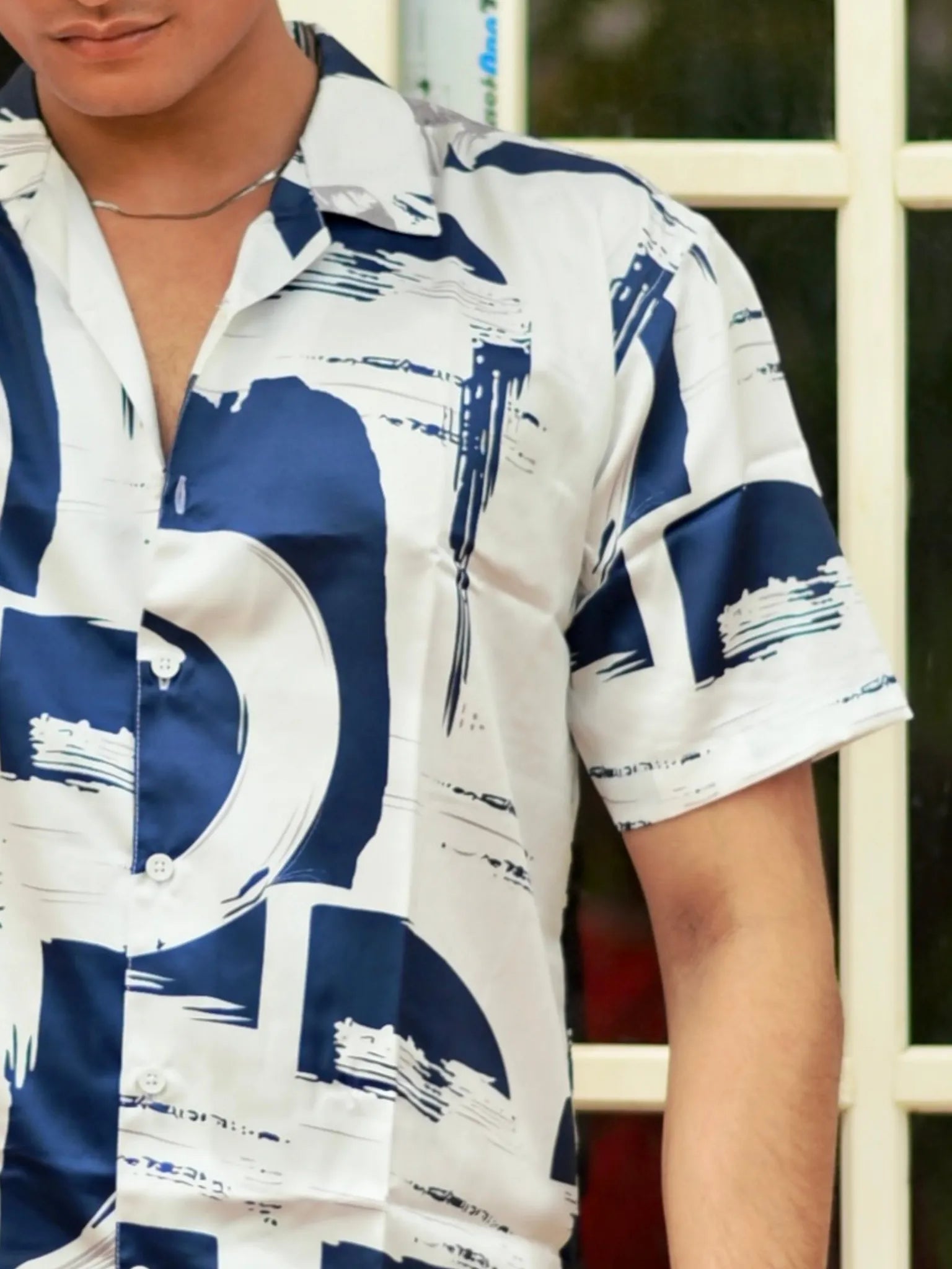 White – Blue Abstract Cuban Collar Resort Shirt