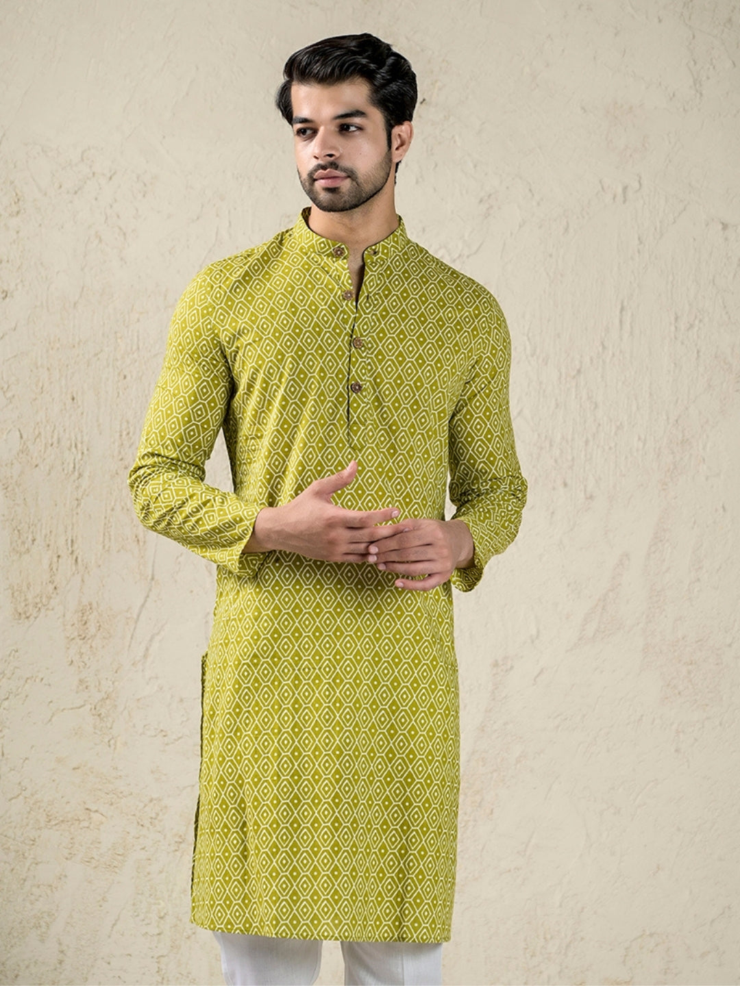 Green Block Printed Long Kurta & pyjama set