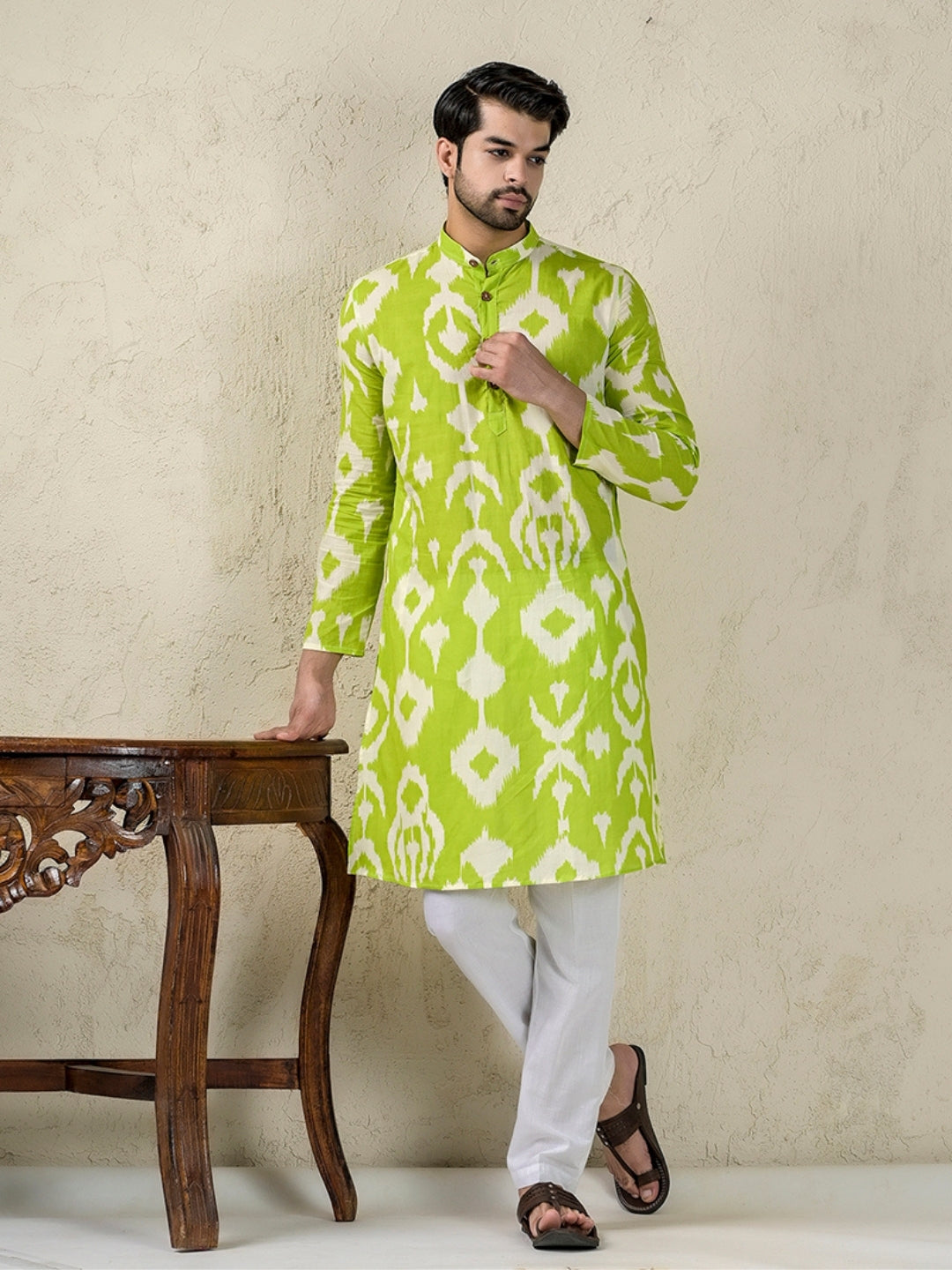 green ikat kurta and pyjama set