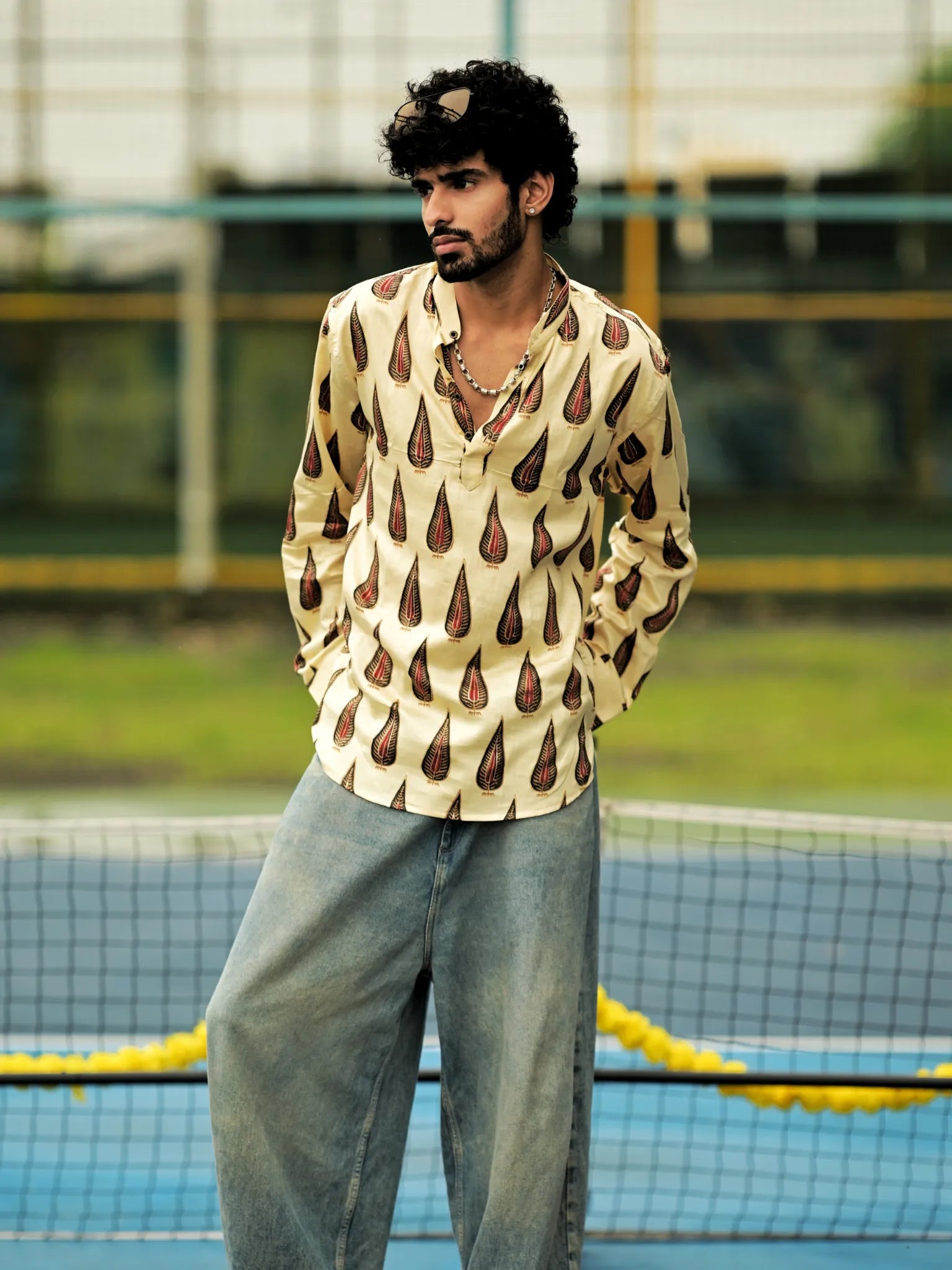 HUESFAB Cream Leaf Trail Short Kurta