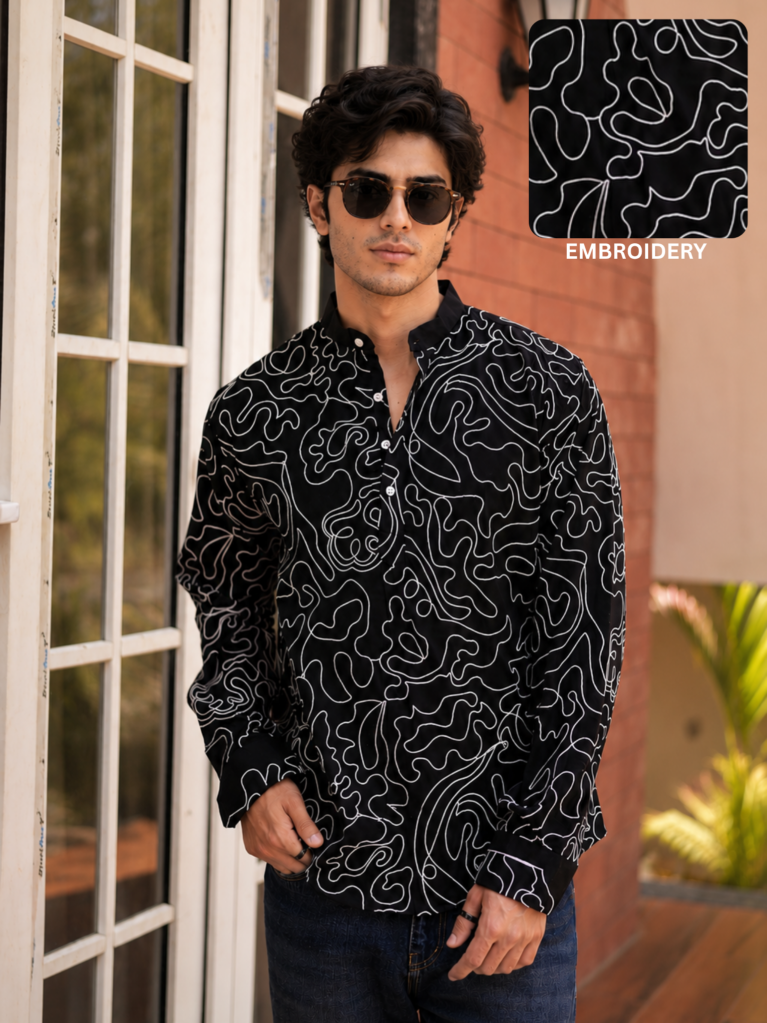 HUESFAB Black Embroidery Short Kurta