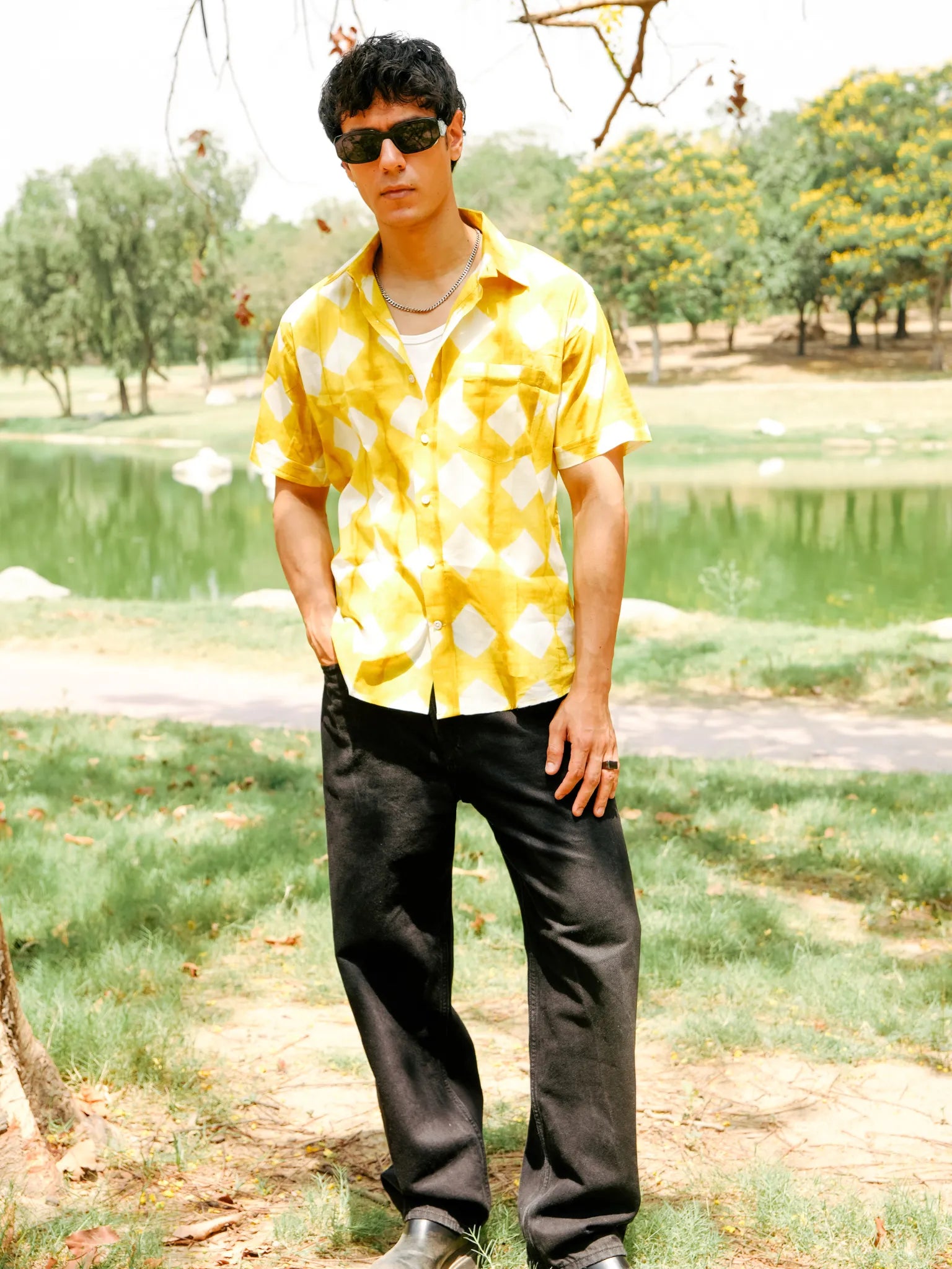 Yellow Block Art Half Sleeves Shirt