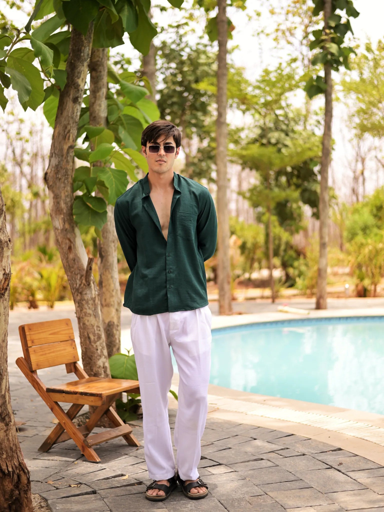Teal Linen Blend Mandarin collar Full Sleeves Shirt