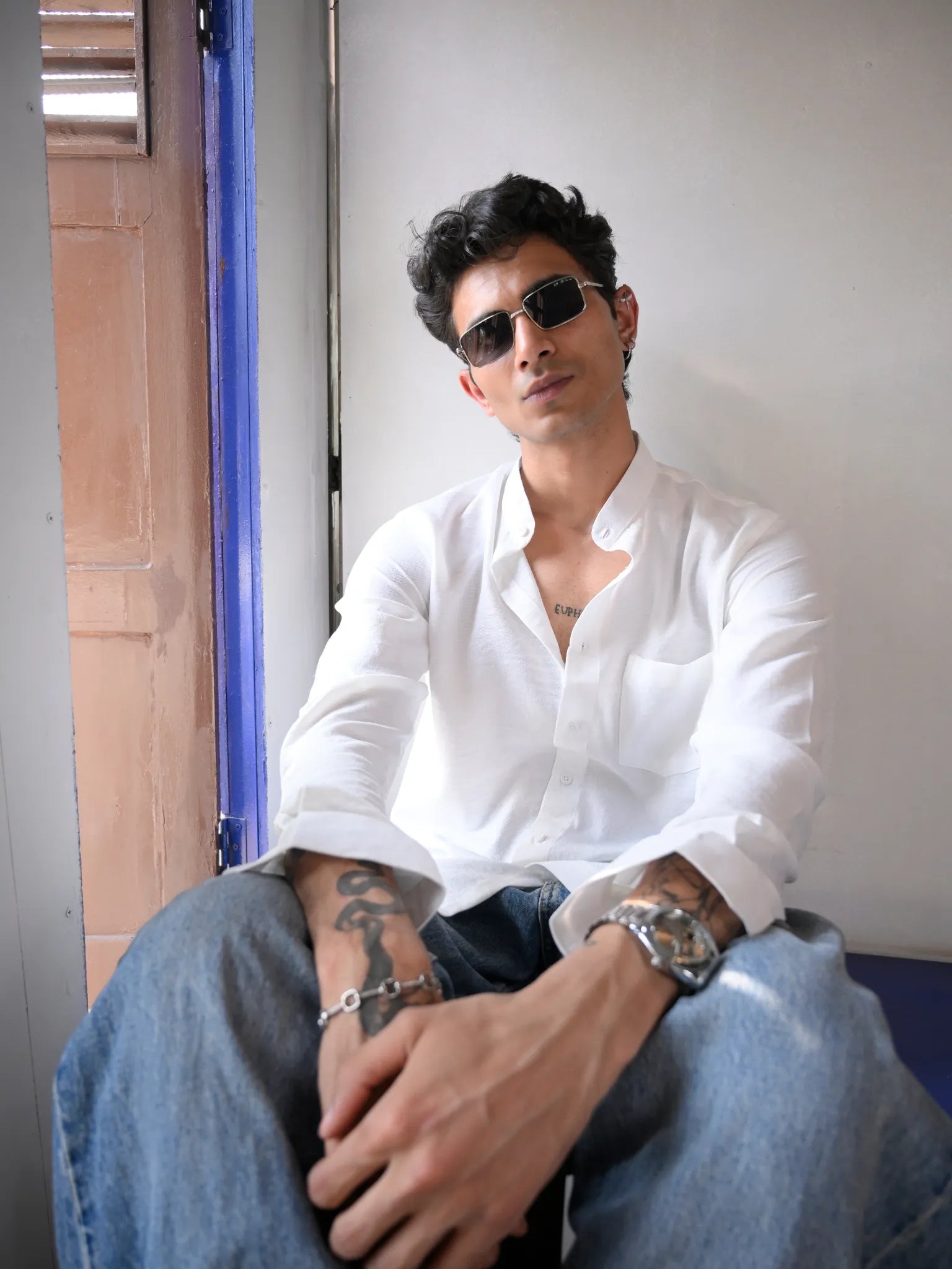 White Linen Blend Mandarin collar Full Sleeves Shirt