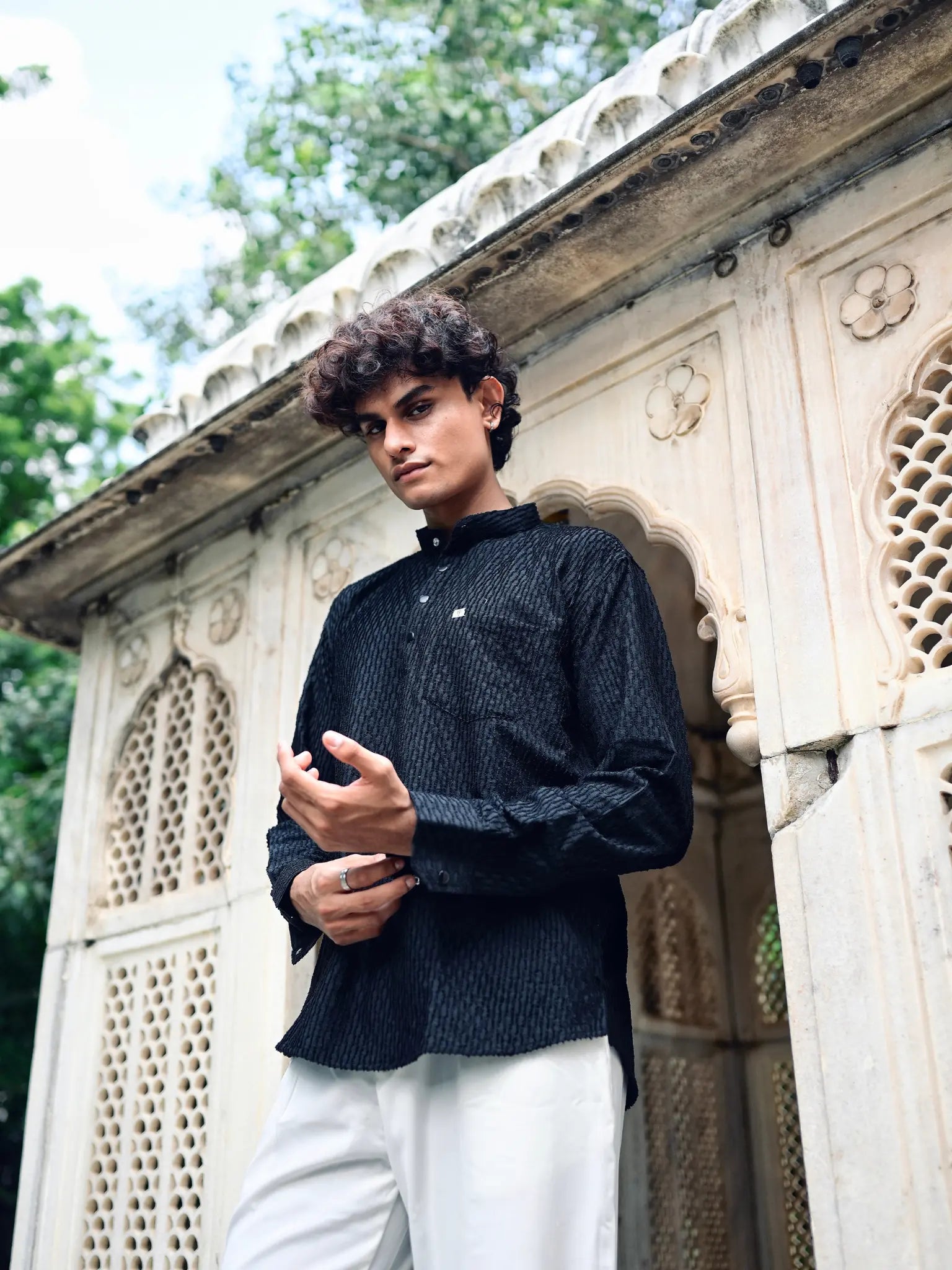 Black Texture Weave Short Kurta