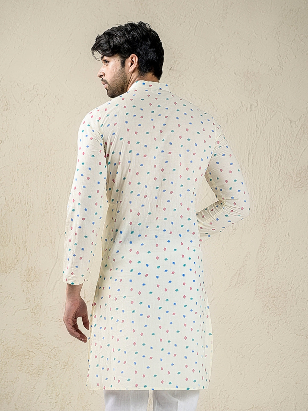 Off White Block Print Style Long Kurta & Pyjama Set