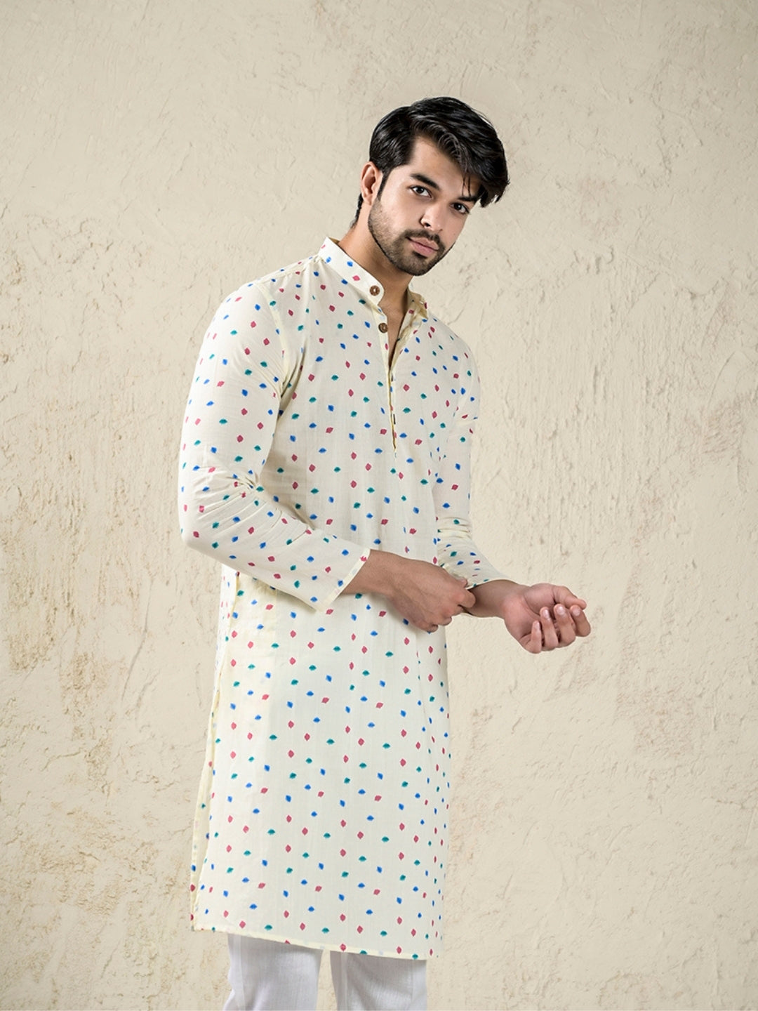 Off White Block Print Style Long Kurta & Pyjama Set