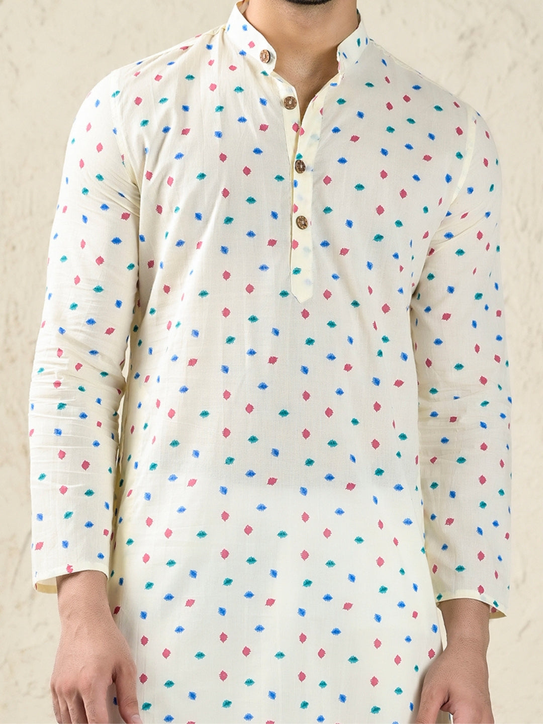 Off White Block Print Style Long Kurta & Pyjama Set
