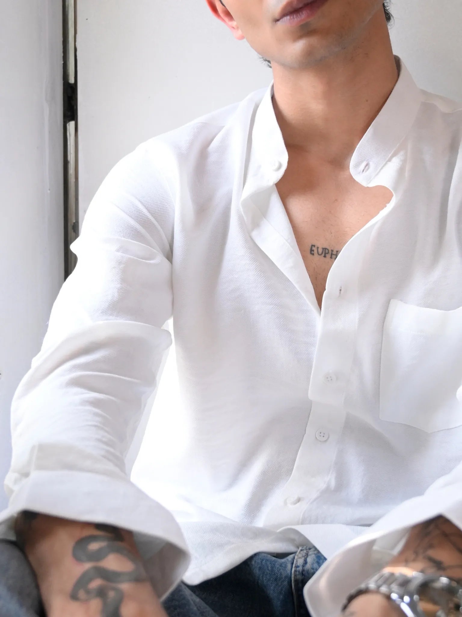 White Linen Blend Mandarin collar Full Sleeves Shirt