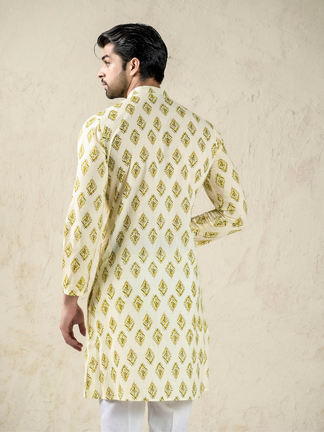 Cream – Green Block Print Style Long Kurta & Pyjama Set