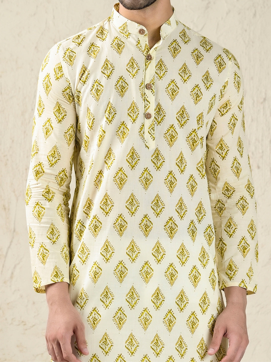 Cream – Green Block Print Style Long Kurta & Pyjama Set