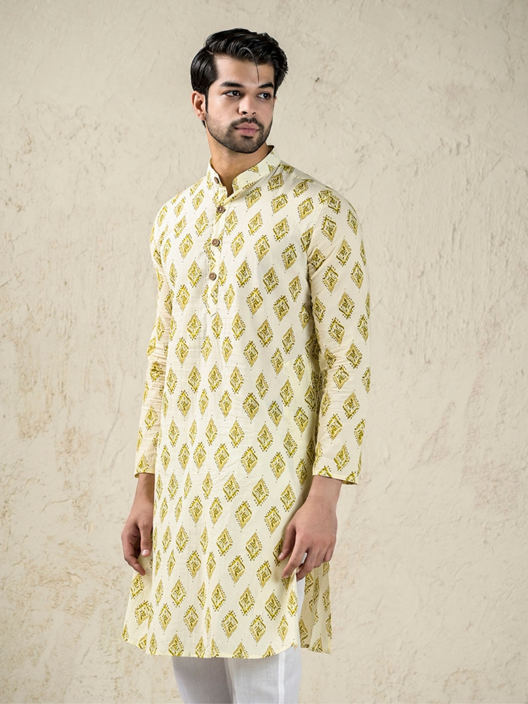 Cream – Green Block Print Style Long Kurta & Pyjama Set