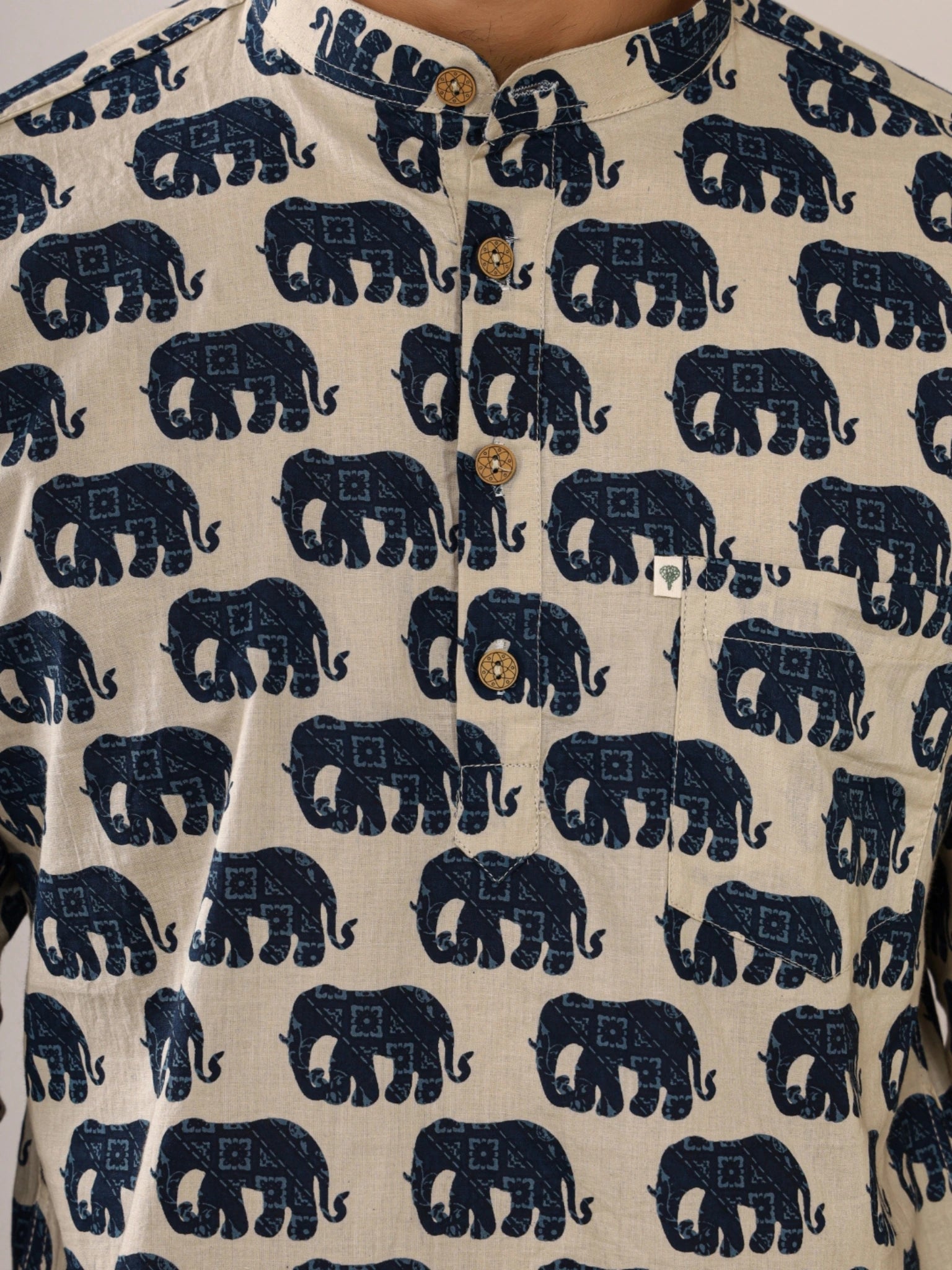 cream blue elephant printed short kurta