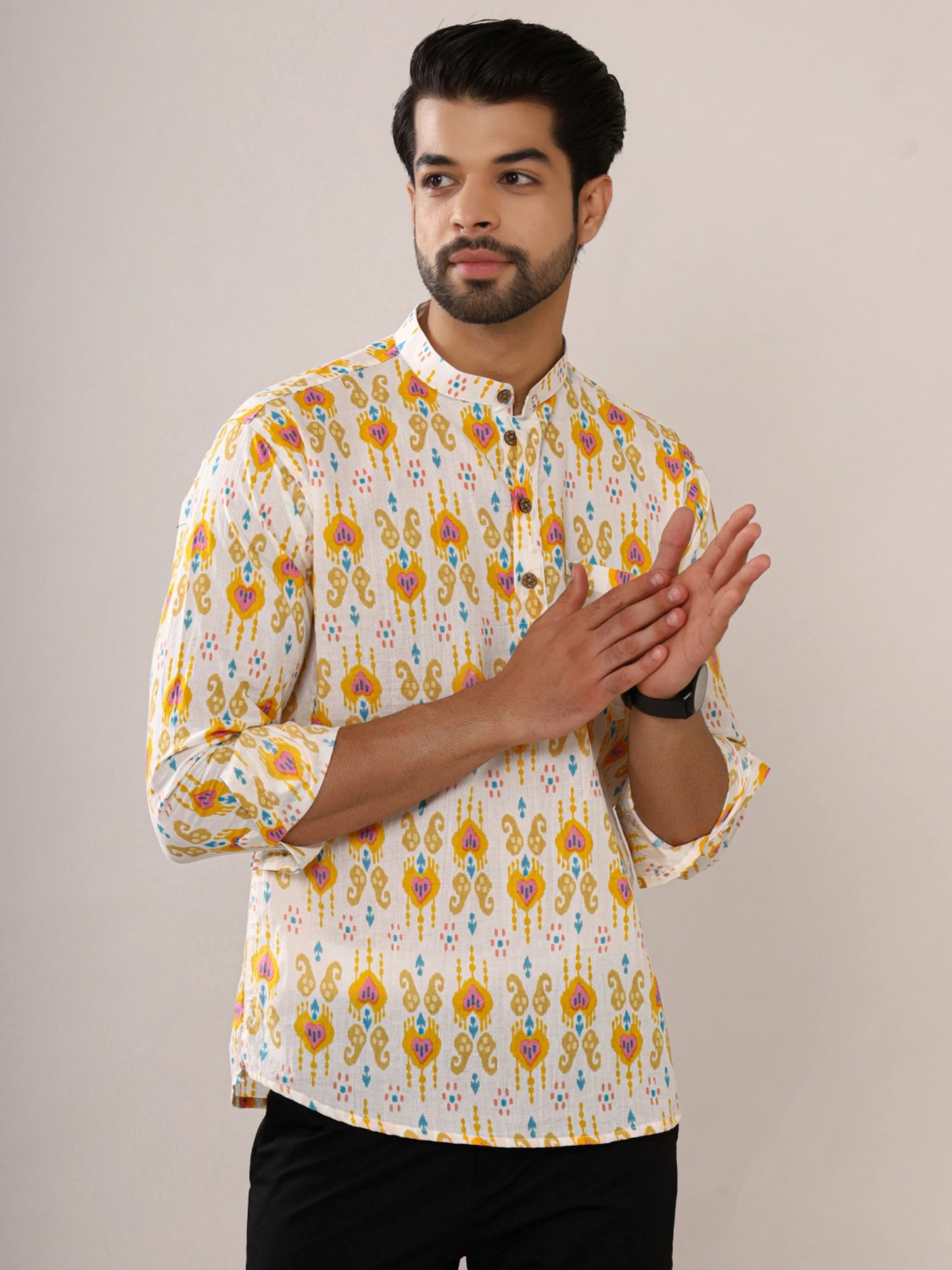 yellow-white ikat short kurta