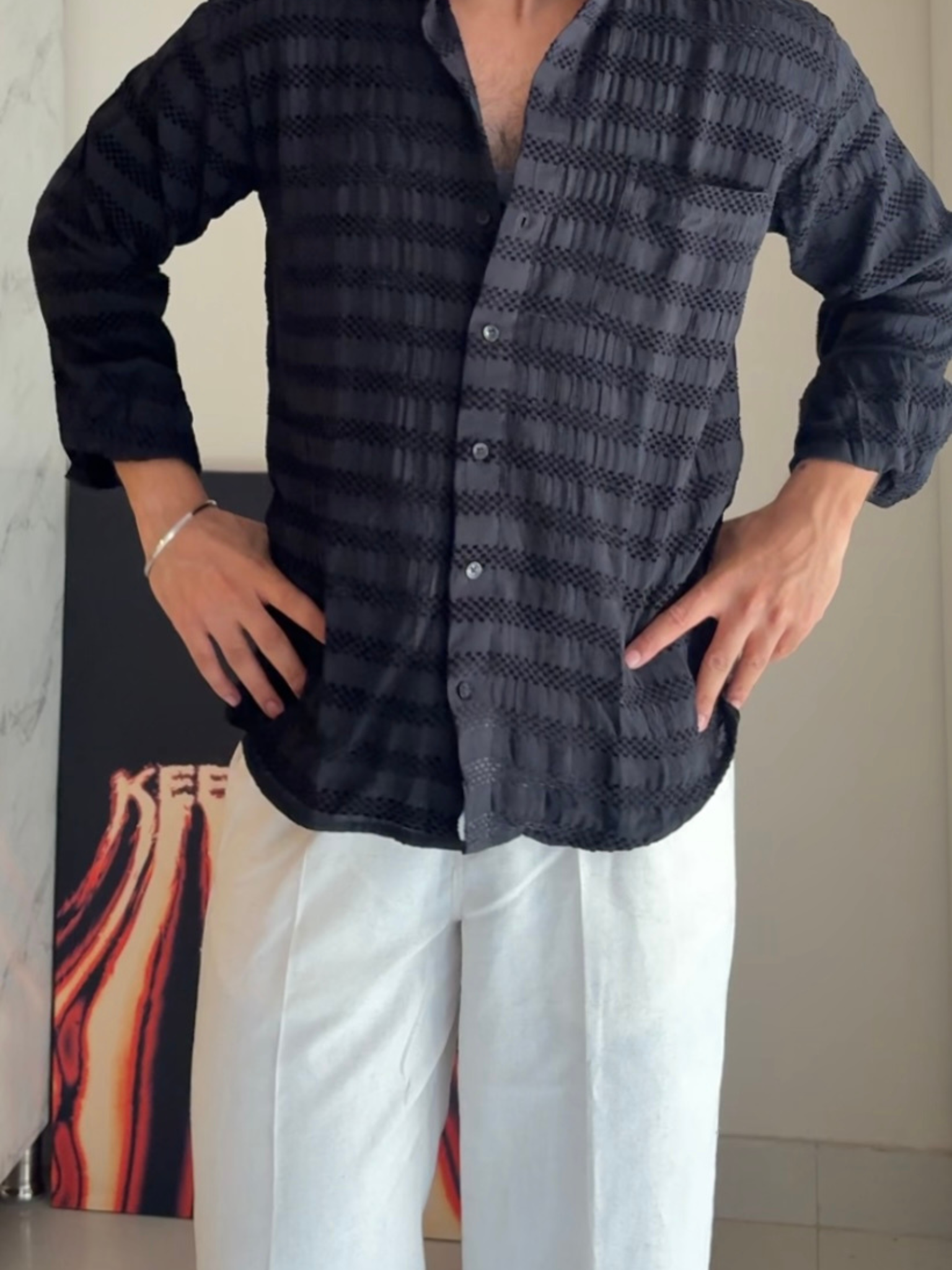 Black Texture Mandarin Collar Full Sleeves Shirt