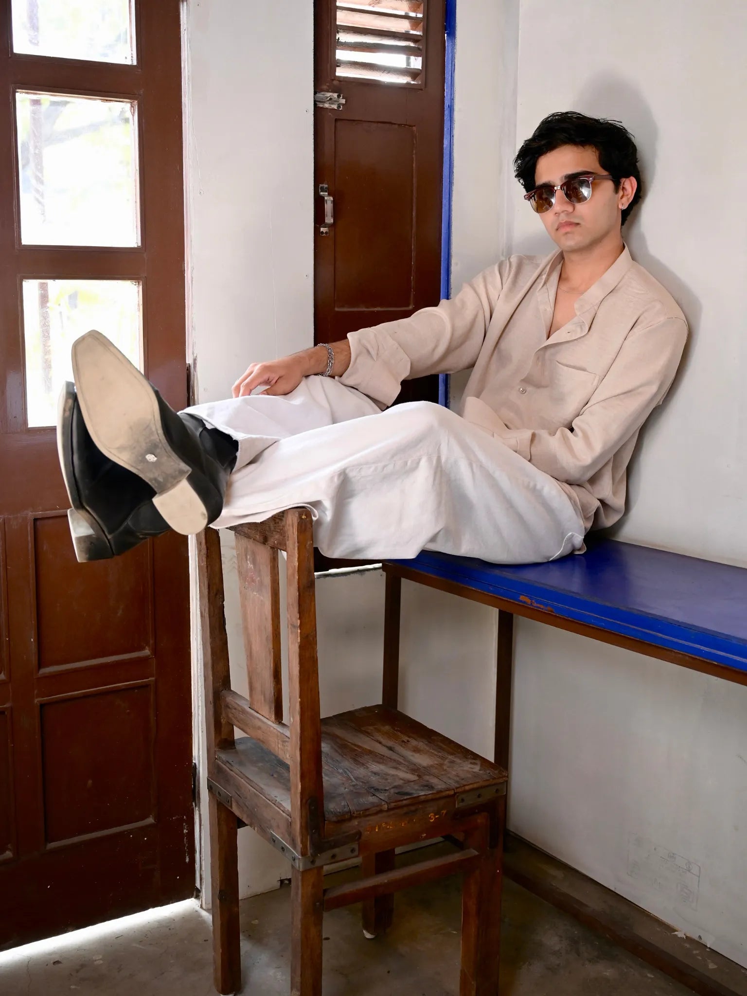 beige Linen Blend Mandarin collar Full Sleeves Shirt