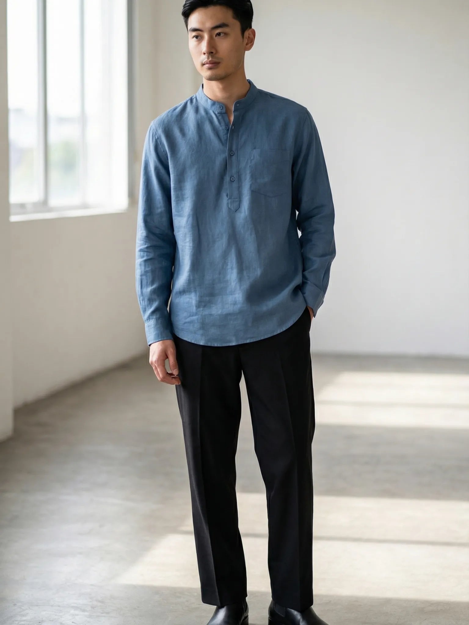 Navy Blue Linen Blend textured Short Kurta