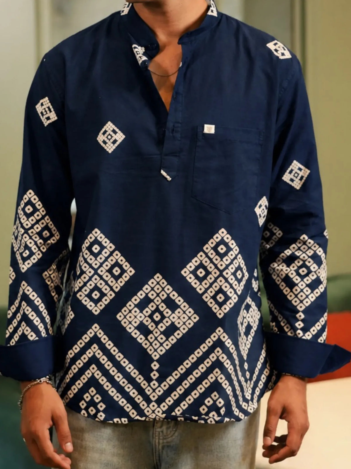 navy blue bandej placement short kurta