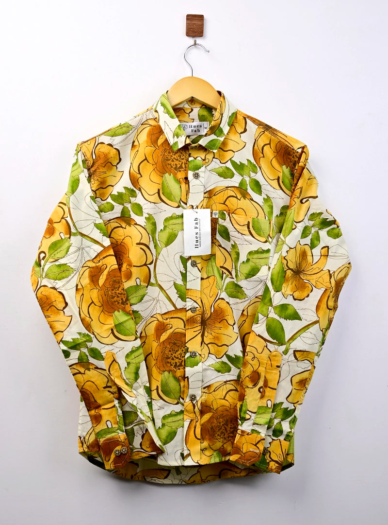 White Yellow Flower Printed Full Sleeves Shirt