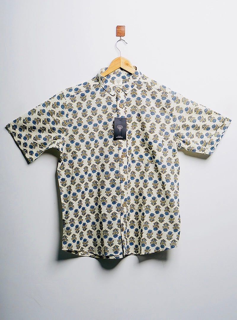 cream-blue motifs half-sleeves shirt
