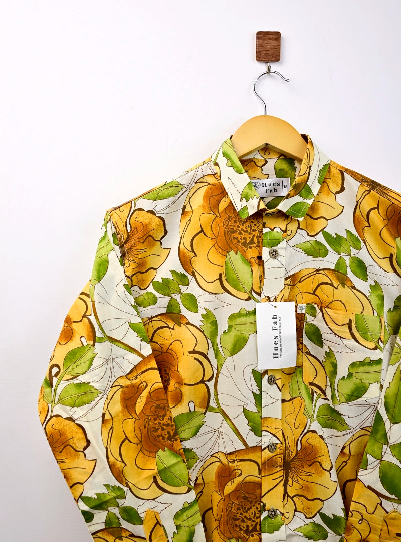 White Yellow Flower Printed Full Sleeves Shirt