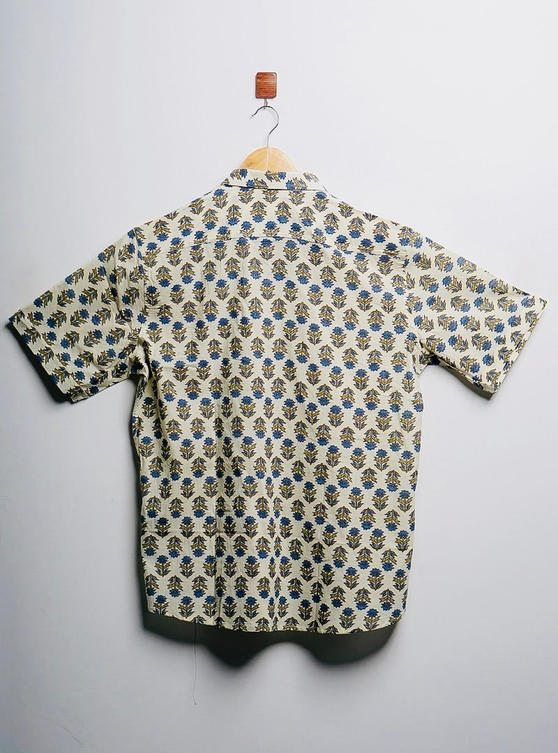cream-blue motifs half-sleeves shirt