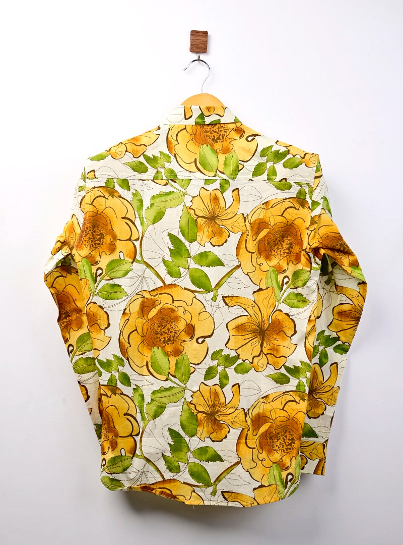 White Yellow Flower Printed Full Sleeves Shirt