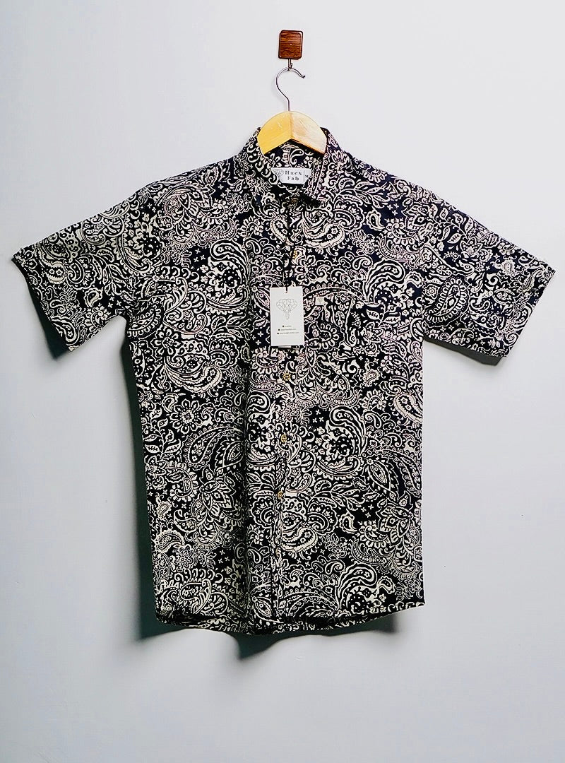 black-cream paisley half-sleeves shirt
