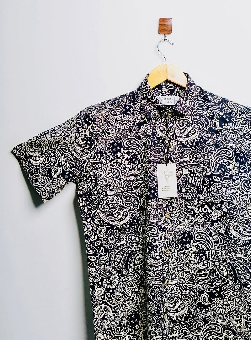 black-cream paisley half-sleeves shirt