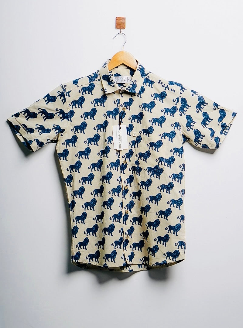 cream blue lion printed half-sleeves shirt