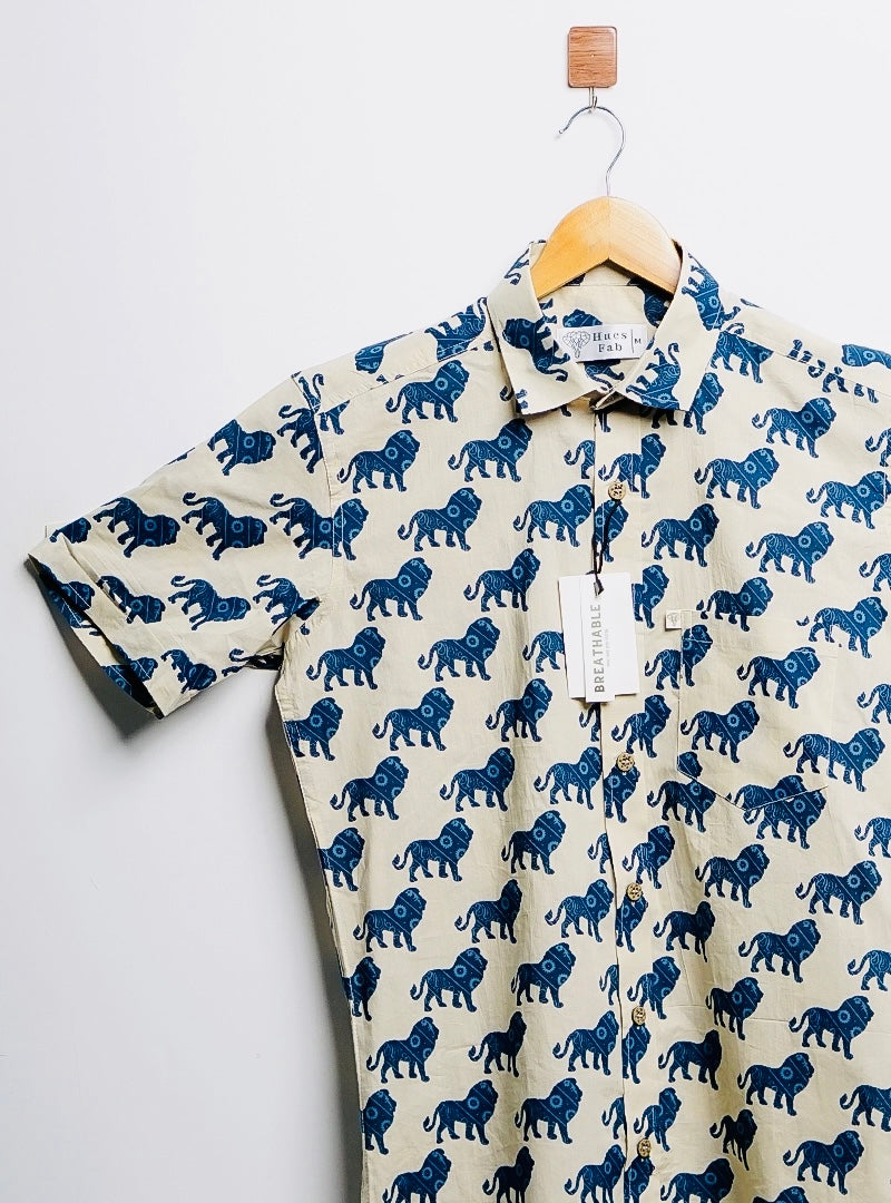 cream blue lion printed half-sleeves shirt