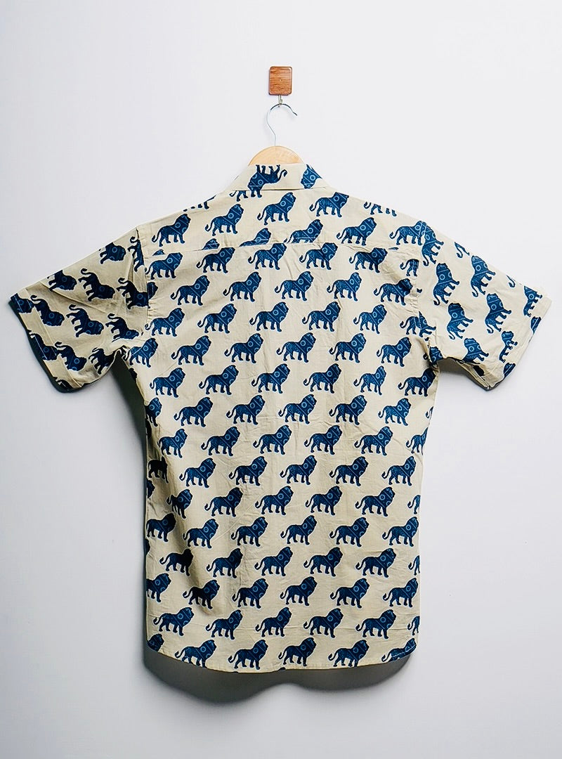 cream blue lion printed half-sleeves shirt