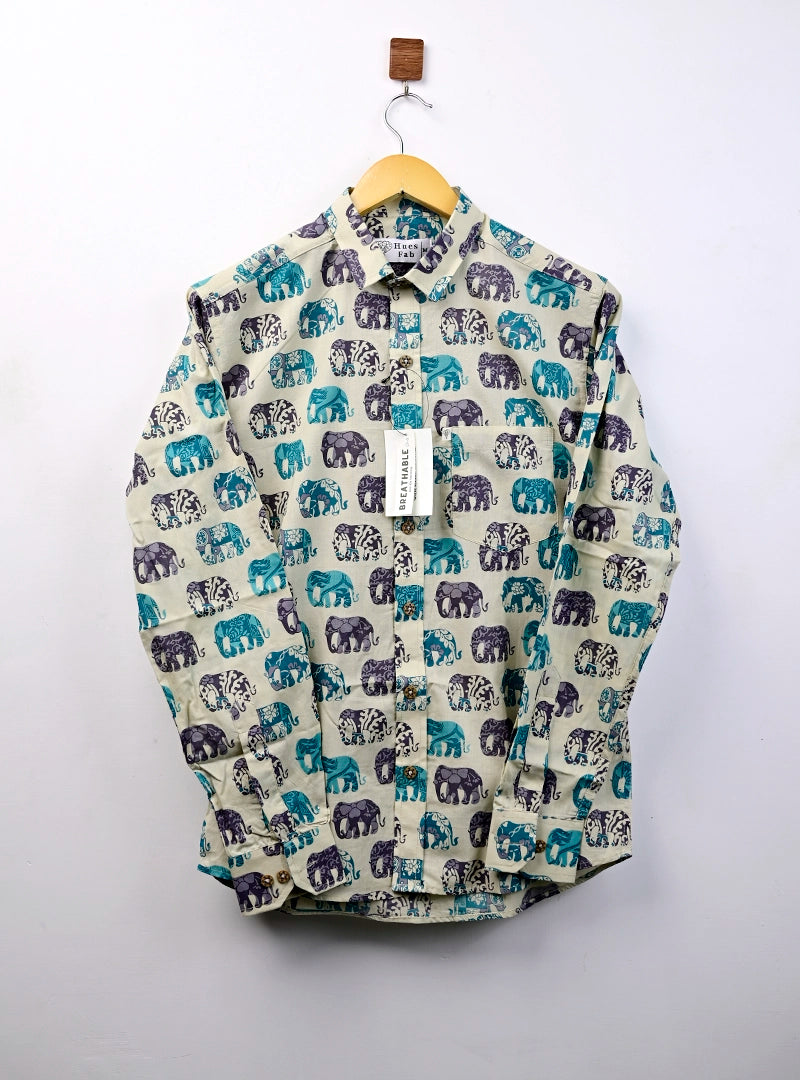 Cream Blue Multicolor Elephant Full Sleeves Shirt