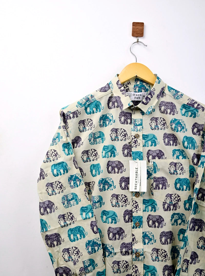 Cream Blue Multicolor Elephant Full Sleeves Shirt