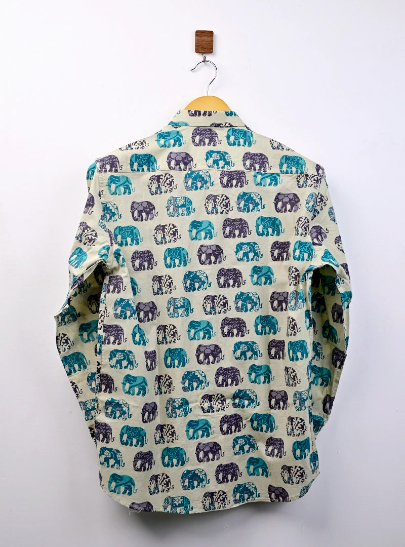 Cream Blue Multicolor Elephant Full Sleeves Shirt
