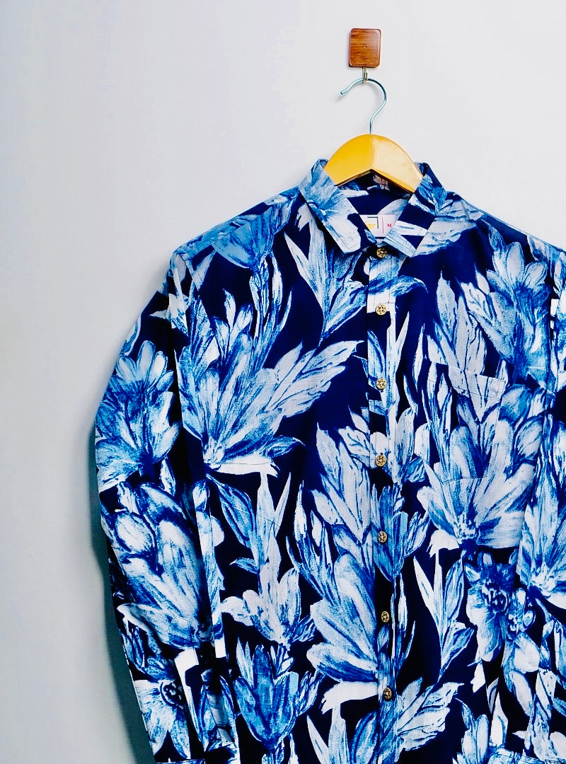 navy - white Floral Printed Full-Sleeves Shirt