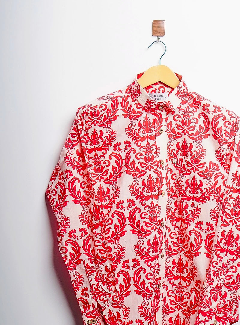 Red Block-Print Full Sleeves SHirt