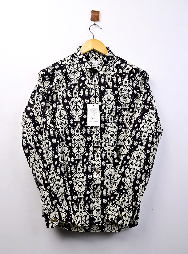 Black-Cream Block Printed Full-Sleeves Shirt