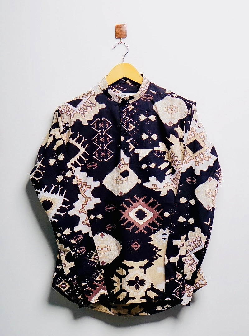 Black-Cream Abstract Art Short Kurta