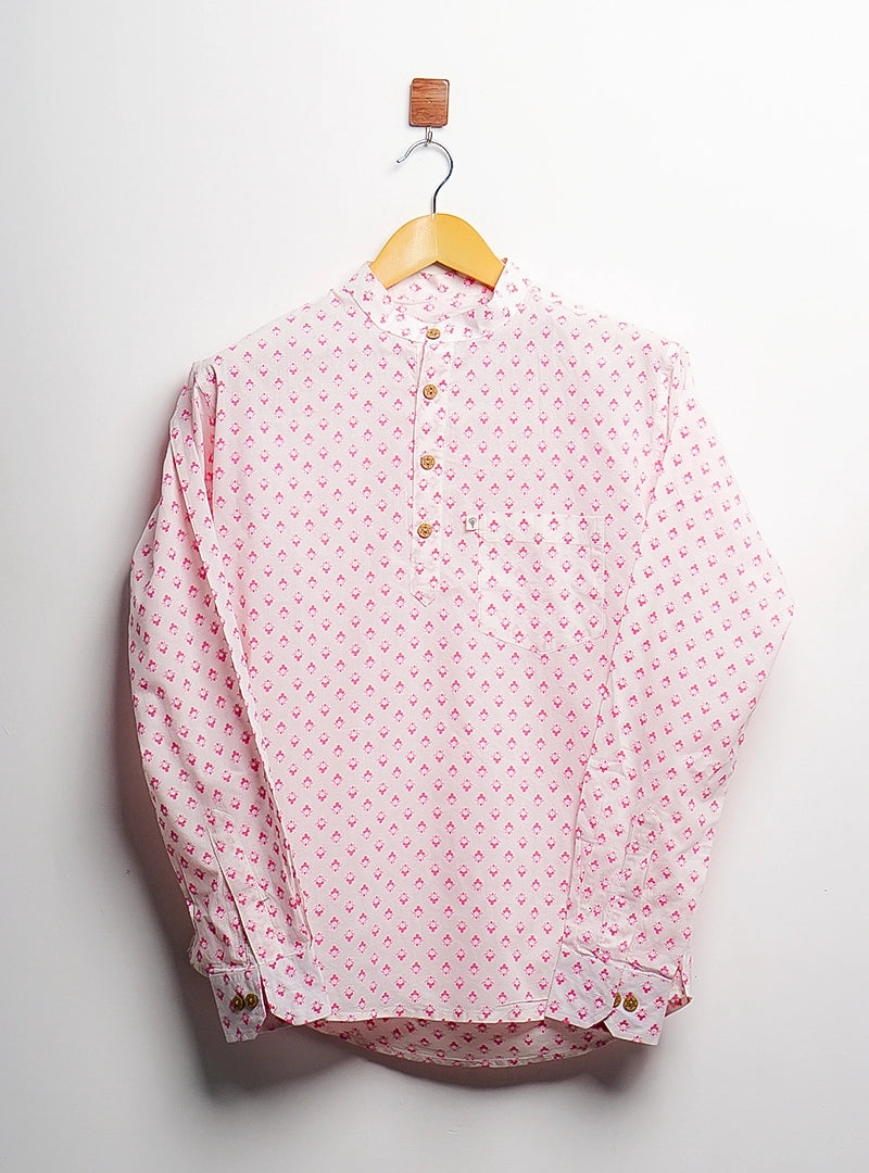 white pink motifs short kurta