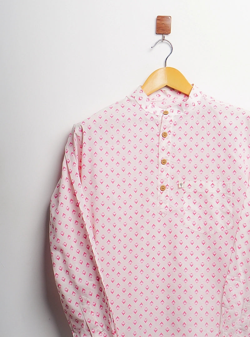white pink motifs short kurta