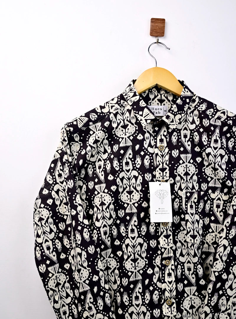 Black-Cream Block Printed Full-Sleeves Shirt