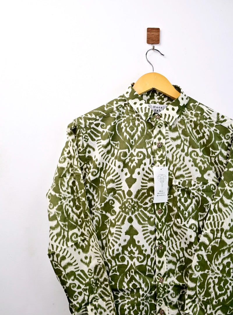 Olive Green Ikat Full Sleeves Shirt
