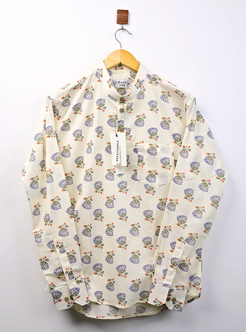 Cream flowers printed short kurta